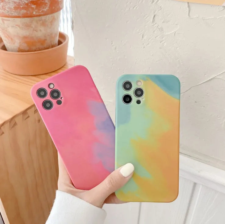 Soft silicone iPhone case with blue and purple gradient geometric abstract pattern.