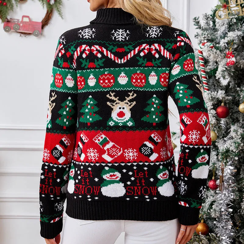 Black Christmas Sweater women's slim-fit turtleneck pullover with contrast animal pattern