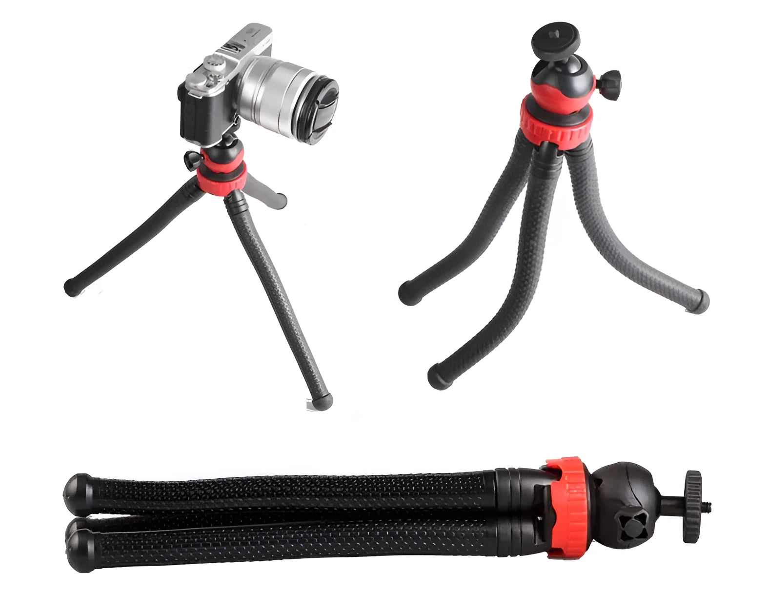 Black octopus tripod with flexible rubber legs wrapped around a pole, holding a mobile phone.