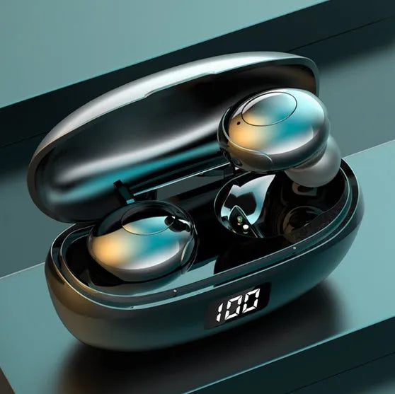 Black and white wireless in-ear Bluetooth headset with its Type-C charging case
