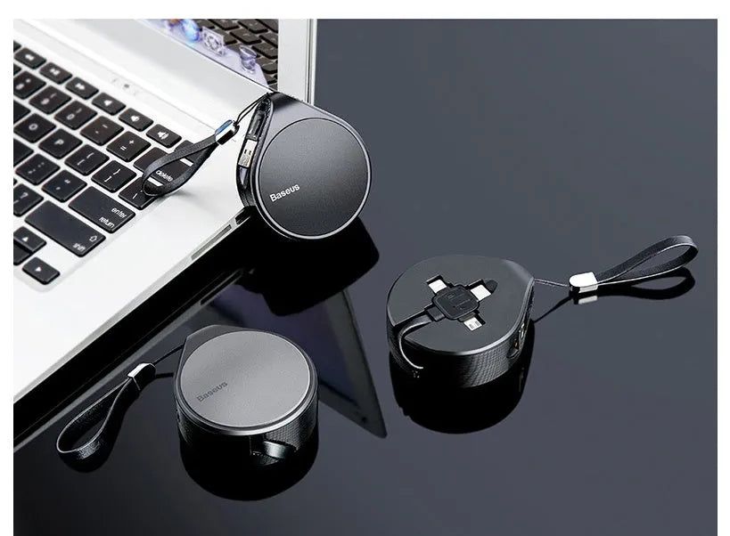 Telescopic USB charging cable with three-in-one split connector showing Lightning, USB-C and Micro-USB ports