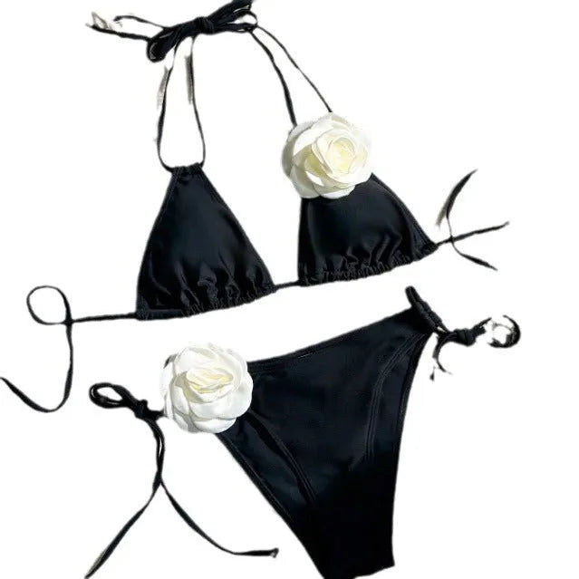 Black two-piece bikini with 3D flower lace detail and a split backless briefs design.