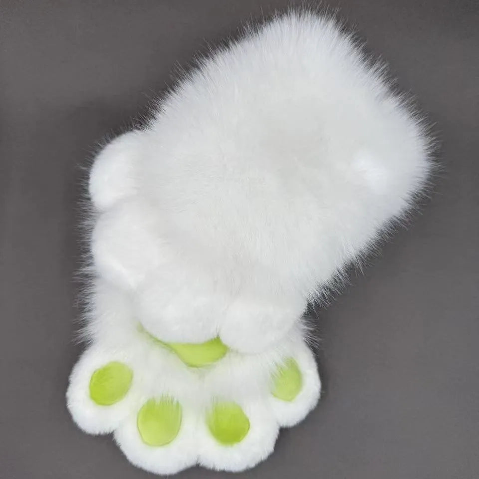 A pair of colourful animal claw cosplay gloves in nylon material on a neutral background.