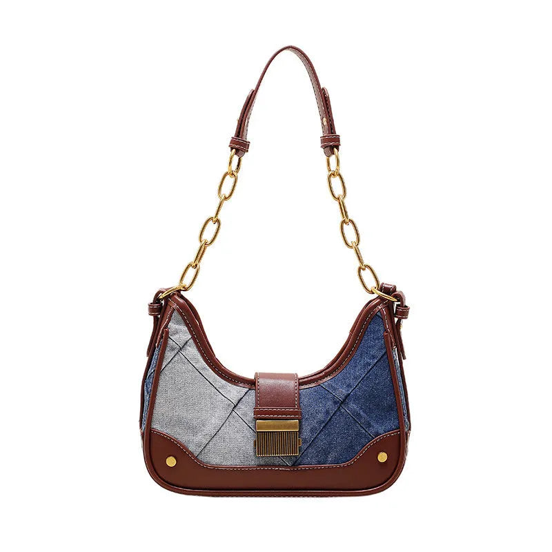 Brown denim women's shoulder bag with diamond mesh and chain detail, bucket shape.