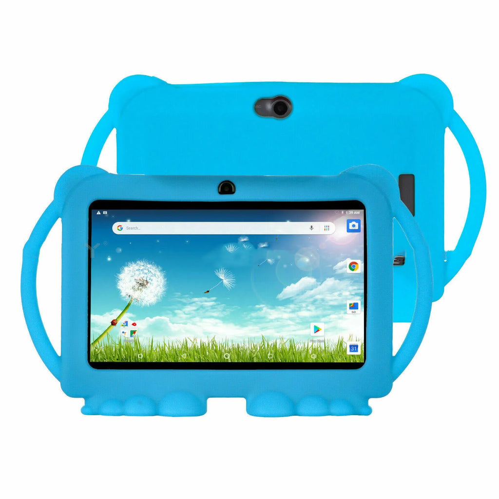 Children's 7-inch Android smart tablet with dual camera, quad core processor and WiFi, shown in Blue, Pink, Purple or Red.
