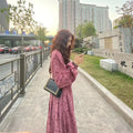 Red knitted cotton floral sweet cover dress with princess sleeves and elastic high waist