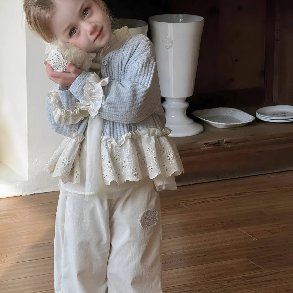 Girls mori style three-piece suit with knitted cardigan beige shirt and wide-leg cake pants in cotton