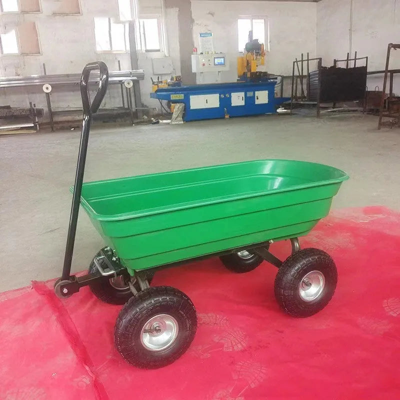 Green four-wheel plastic dump truck with a Steel PP body, model TC2145, for agricultural use.