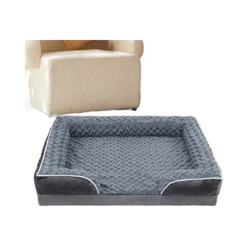Removable waterproof dog kennel pad in light grey, dark grey and coffee colours, showing size options