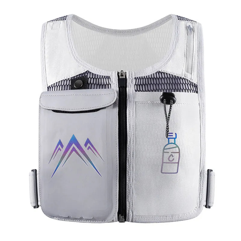 Black breathable mesh sports running vest with a front chest pocket for a mobile phone.