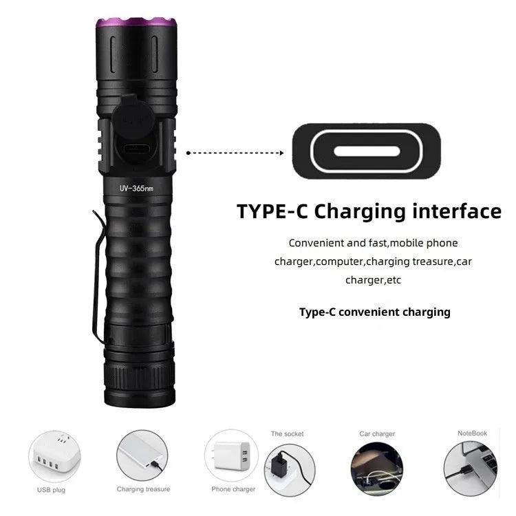 5W UV banknote verification flashlight with aluminium alloy body, available in 365NM or 395NM