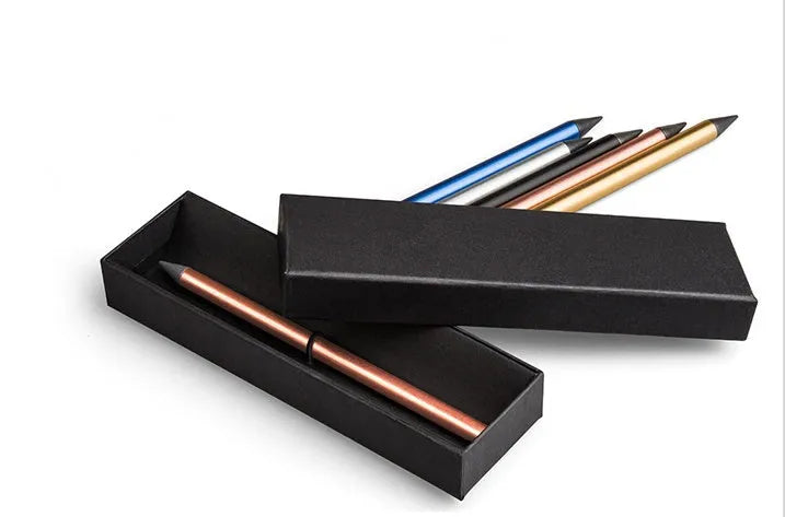 Inkless Metal Pen in silver, gold, rose gold, black, or blue with 0.5mm alloy tip, spare nib, and pen bag.