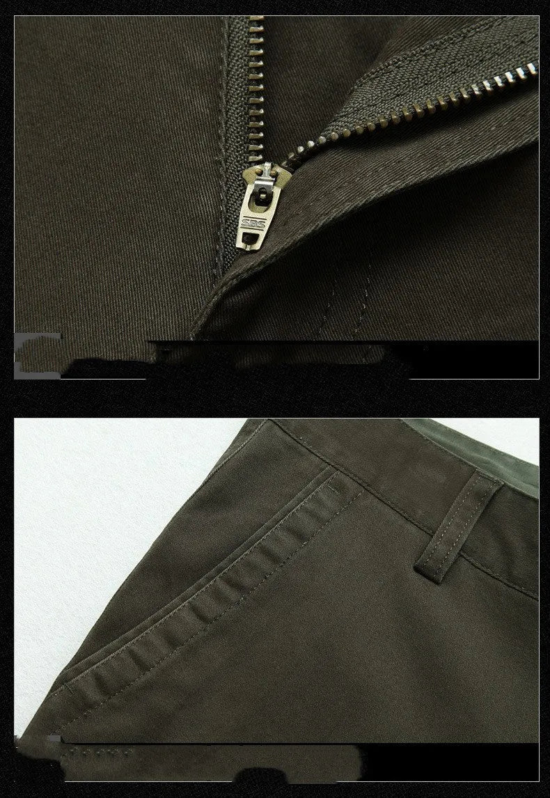 Men's straight leg casual trousers in khaki with multiple pockets, side view on a white background