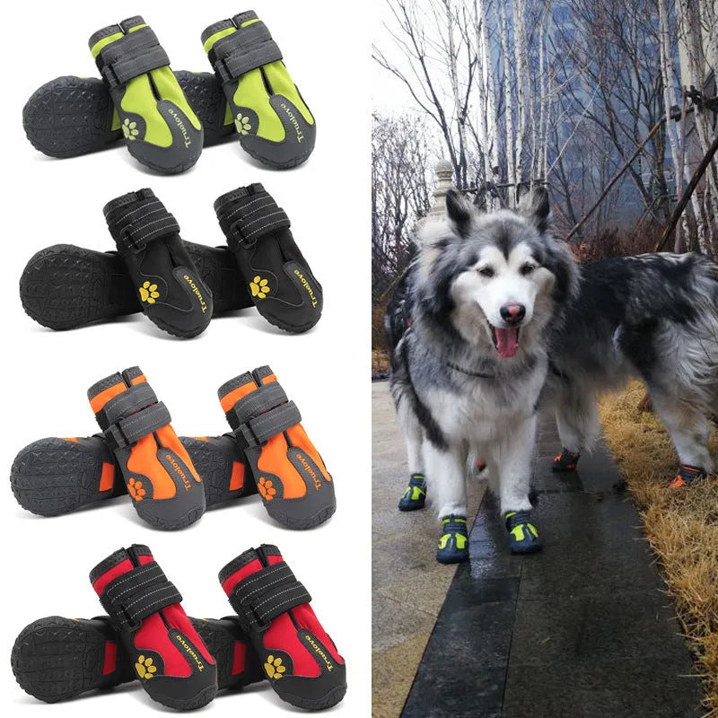 Big dog shoes with double velcro closure, waterproof and luminous, in black, green, orange and red, sizes 1-8