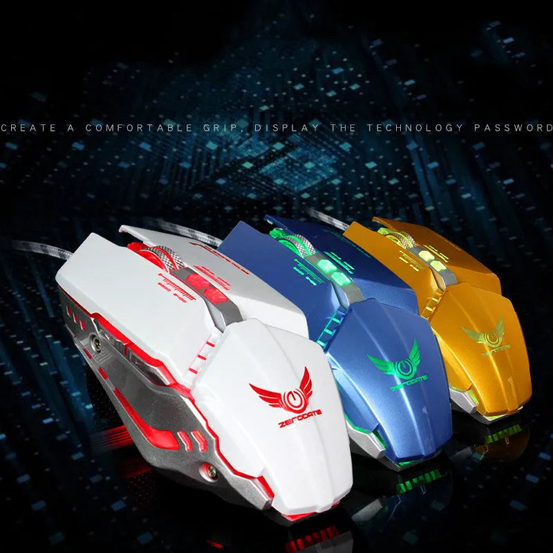 Gold wired gaming mouse with braided USB cable, 3200dpi sensor, and 8 programmable buttons on a desk