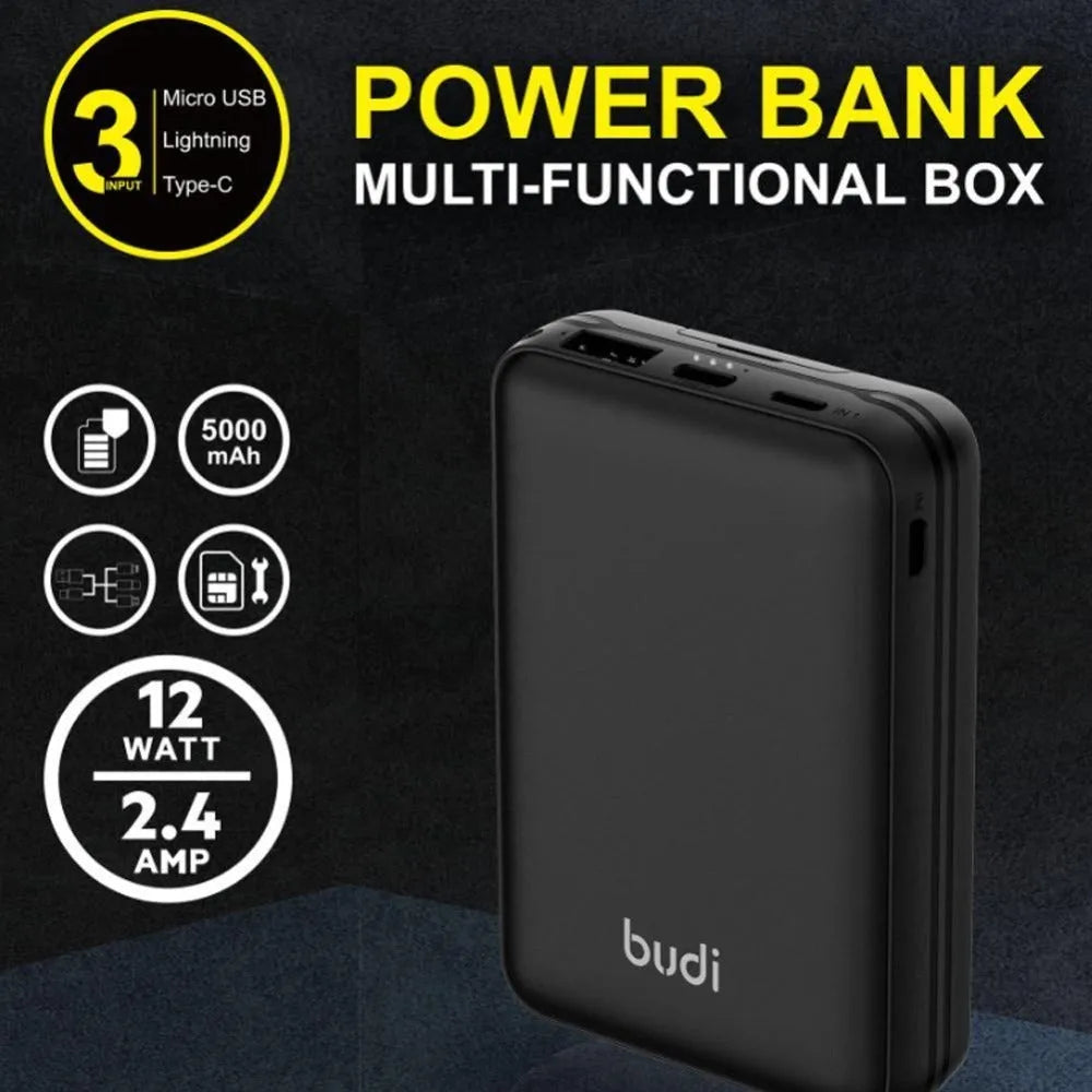 Black budi multi-functional power bank box with USB C cable, adapters, and SIM slots, 5000mAh capacity