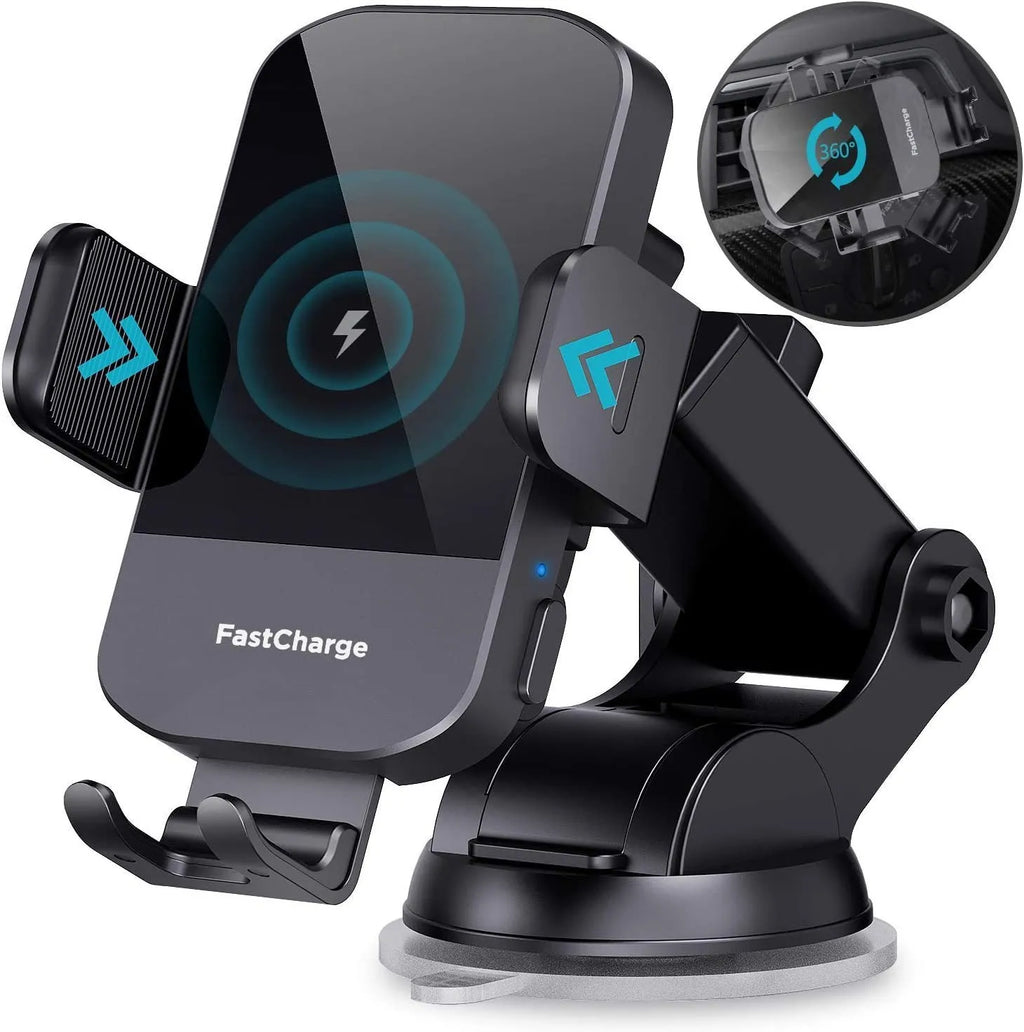 Black car wireless charging stand with 15W fast charging and multiple mounting options