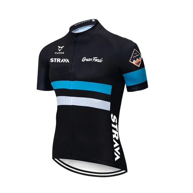 Men's summer cycling jersey and bib short set in blue, made from quick-dry polyester with COOLMAX gel pad