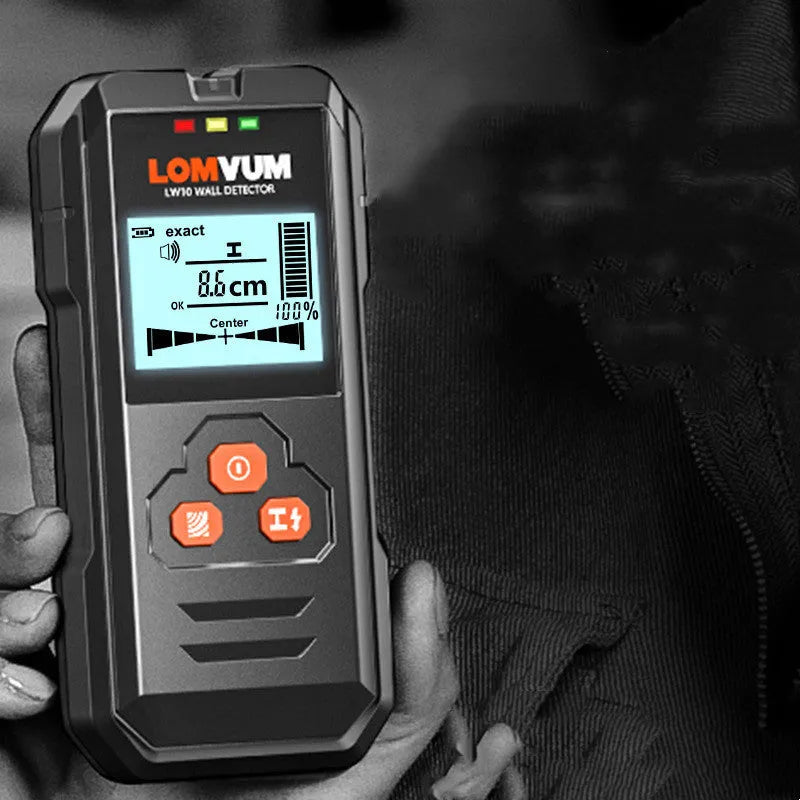 Handheld multifunctional wall detector for locating wires, metal pipes, and wooden studs behind walls.