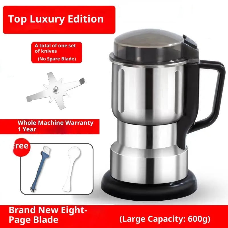 600g electric grain grinder mill with stainless steel body, eight leaf knife and 200 x 145 mm size