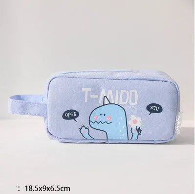 Cartoon dinosaur stationery bag in cotton cloth, inverted trapezoid shape, 18.5x9 cm, blue colour