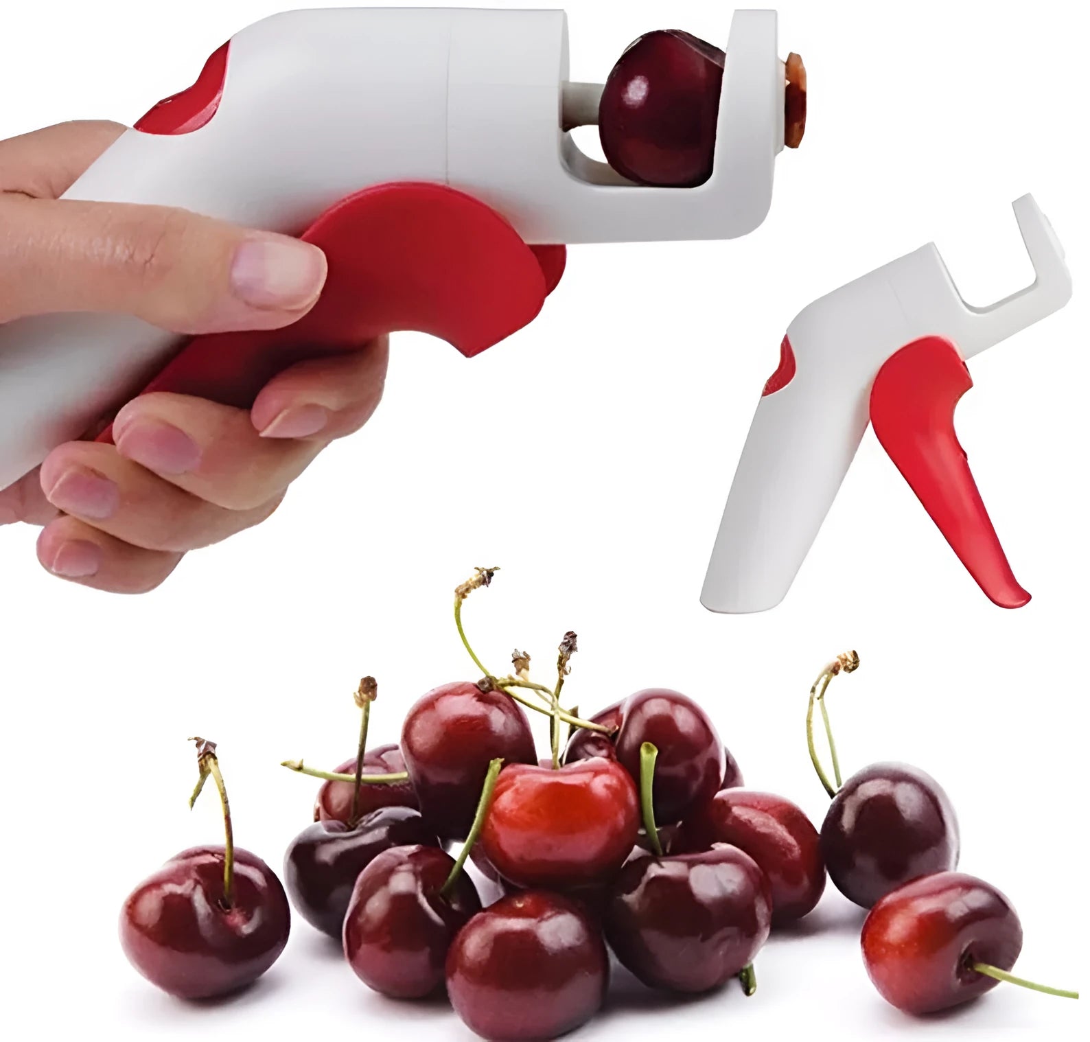 Stainless steel manual cherry pitter tool with protective end caps on a wooden surface.