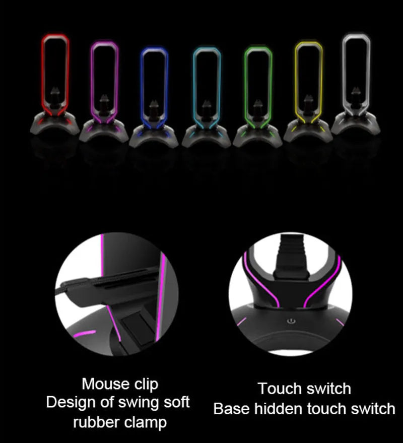 RGB gaming headphone stand in black with headset, measures 252.5x128.5x128.5mm
