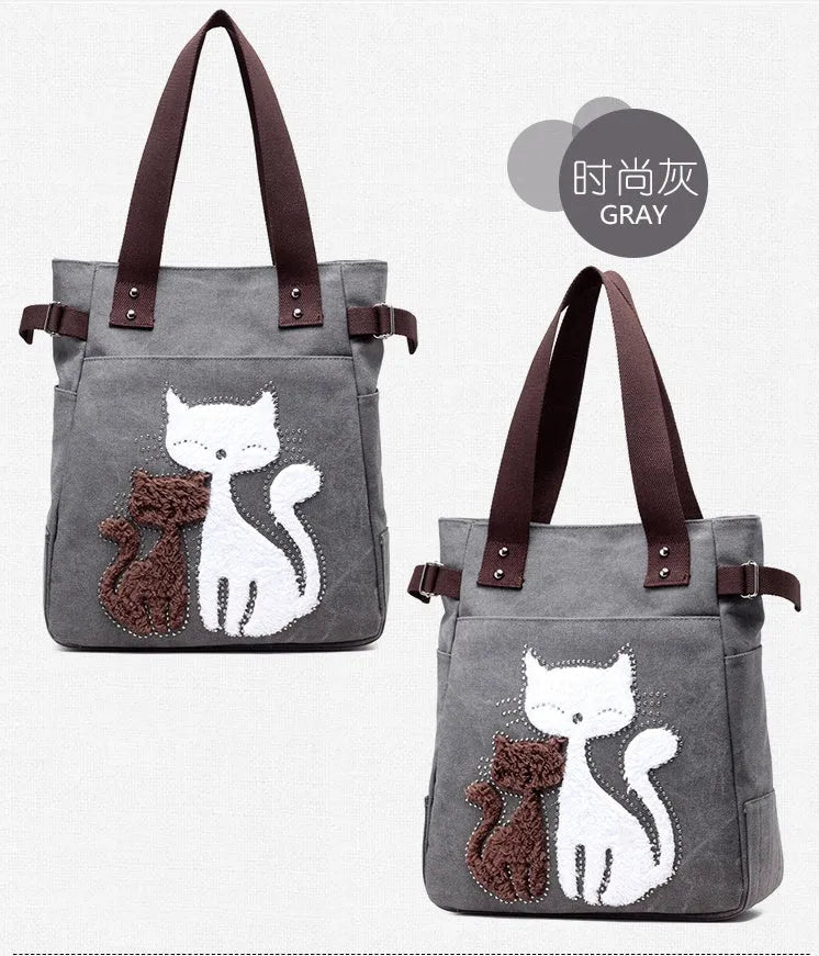 KVKY women canvas bag with plush cat applique in beige, showing shoulder strap and front pocket
