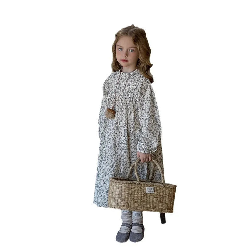 Girls long sleeve cotton dress with blue flower floral print, princess style, sizes 90cm to 140cm