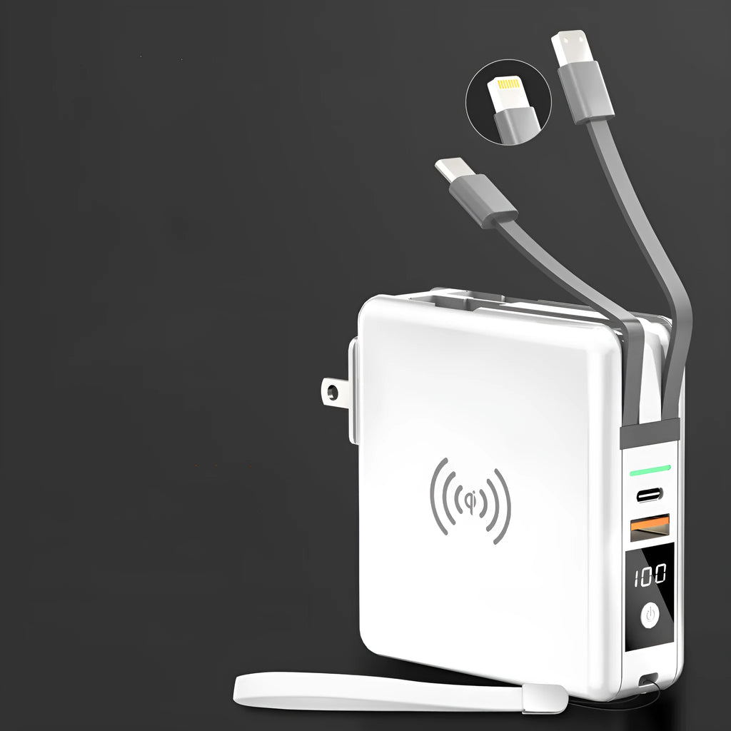 Super QI Power Bank showing fold-out UK, EU, US, and AU plug pins next to a smartphone on its wireless charging surface.