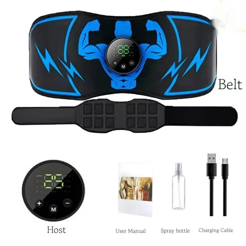Blue EMS abdominal slimming belt with wireless remote control and electrotherapy stickers