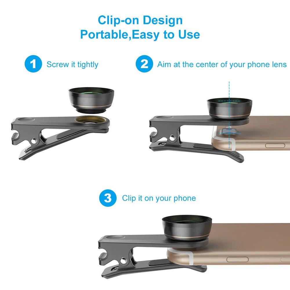 Black 6-in-1 smartphone camera lens kit with fisheye, wide-angle, macro, telephoto, CPL, and star filters next to universal clip.