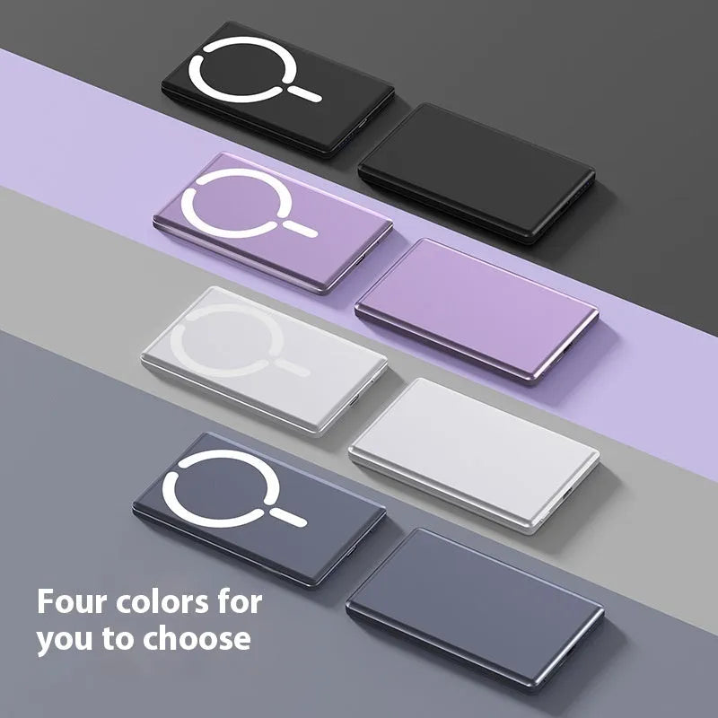 Ultra-thin dark gray magnetic power bank showing slim 9mm profile and compact size next to a smartphone.