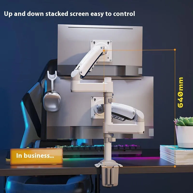 Aluminium dual monitor desk stand holding two screens, with mechanical adjustment arms.