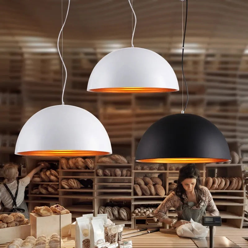 Industrial style pendant light with double-layer semicircle shade in black or white with gold interior, 30cm to 50cm