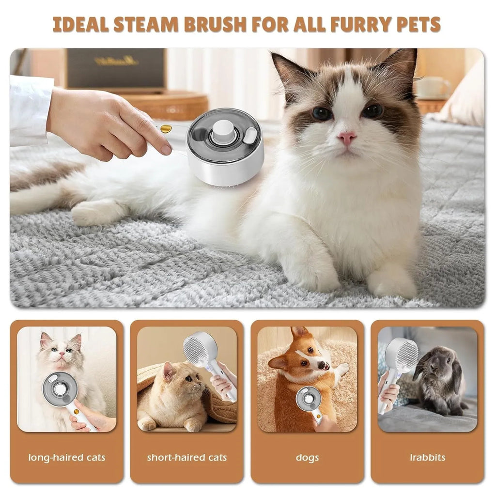 Pink and white cat steam brush with water tank, stainless steel comb, and control buttons for mist and cleaning.