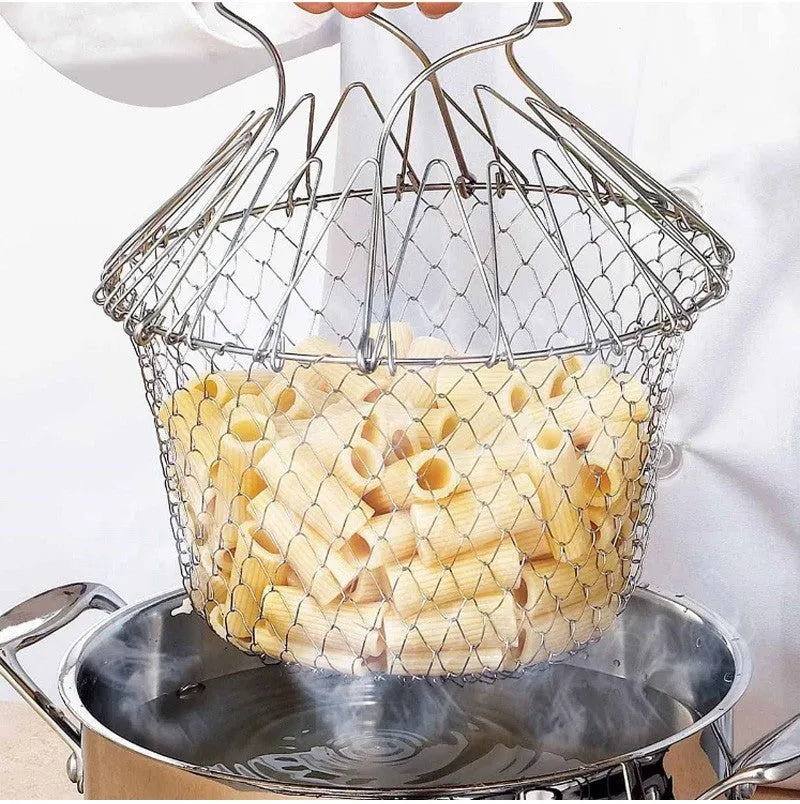23cm square stainless steel foldable deep fry basket with mirror finish
