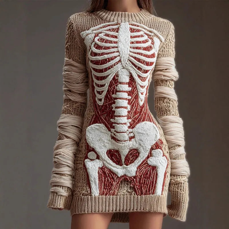Women's long-sleeve thick polyester sweater dress with skull skeleton print, cinched waist, hip skirt, street style.