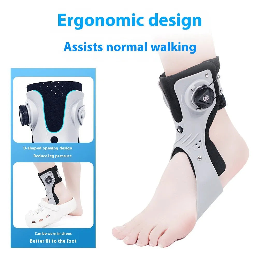 Grey ankle support brace with airbag button fastener shown on a left foot