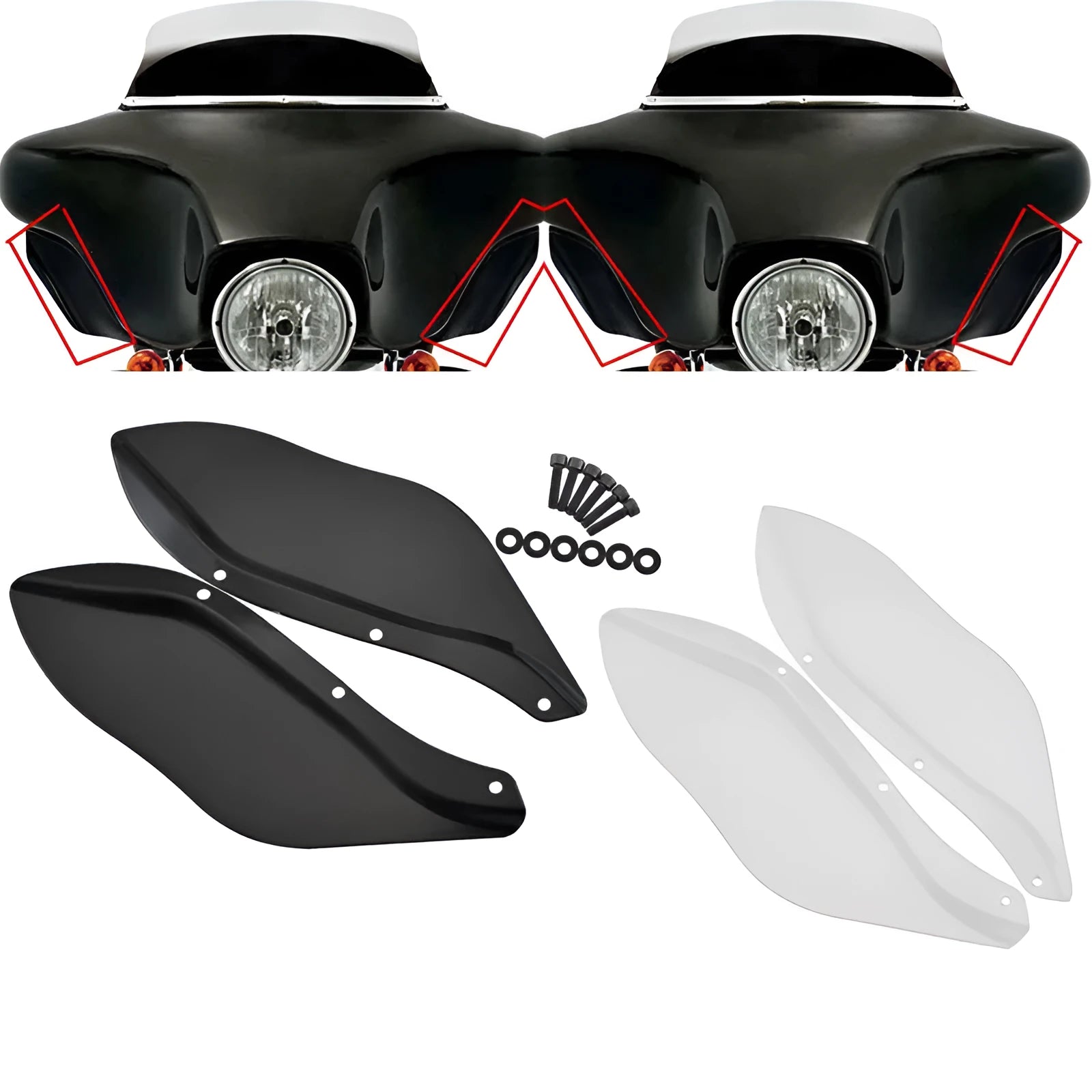 Harley-Davidson motorcycle side wing head covers in black and transparent ABS plastic