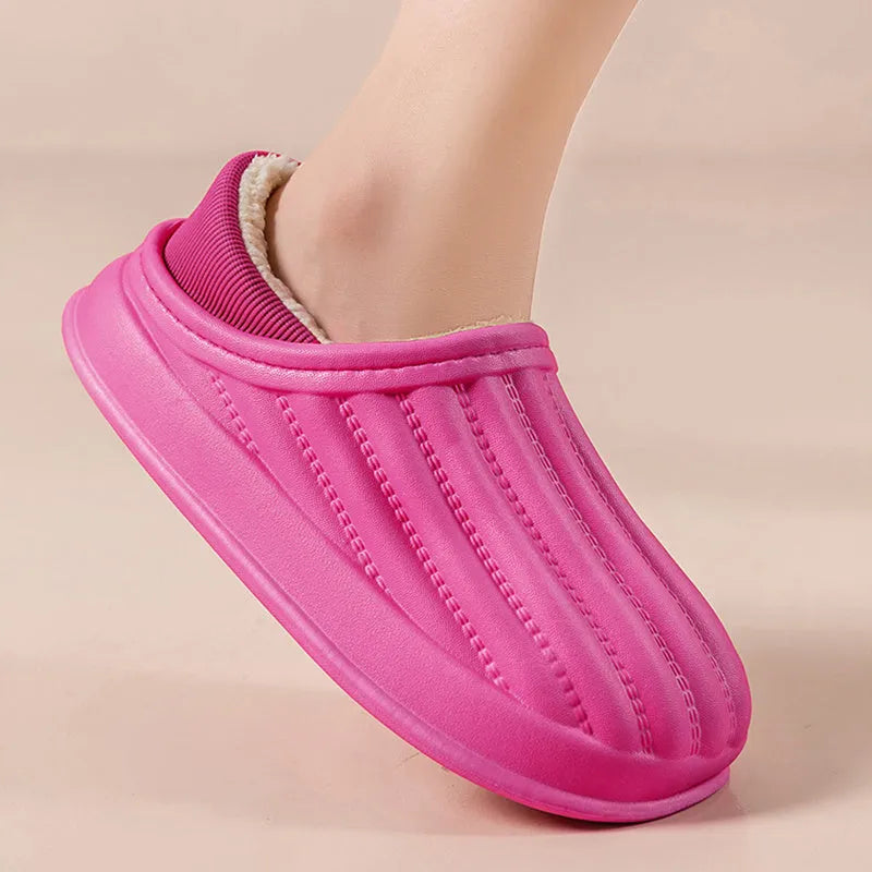 Thickened couple slippers in grey, EVA sole, non-slip, round toe, plush lined winter home shoes