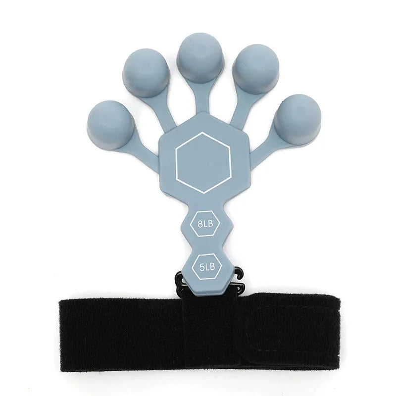 Grey and black silicone 5-finger rehabilitation hand trainer for adult grip strength exercises.