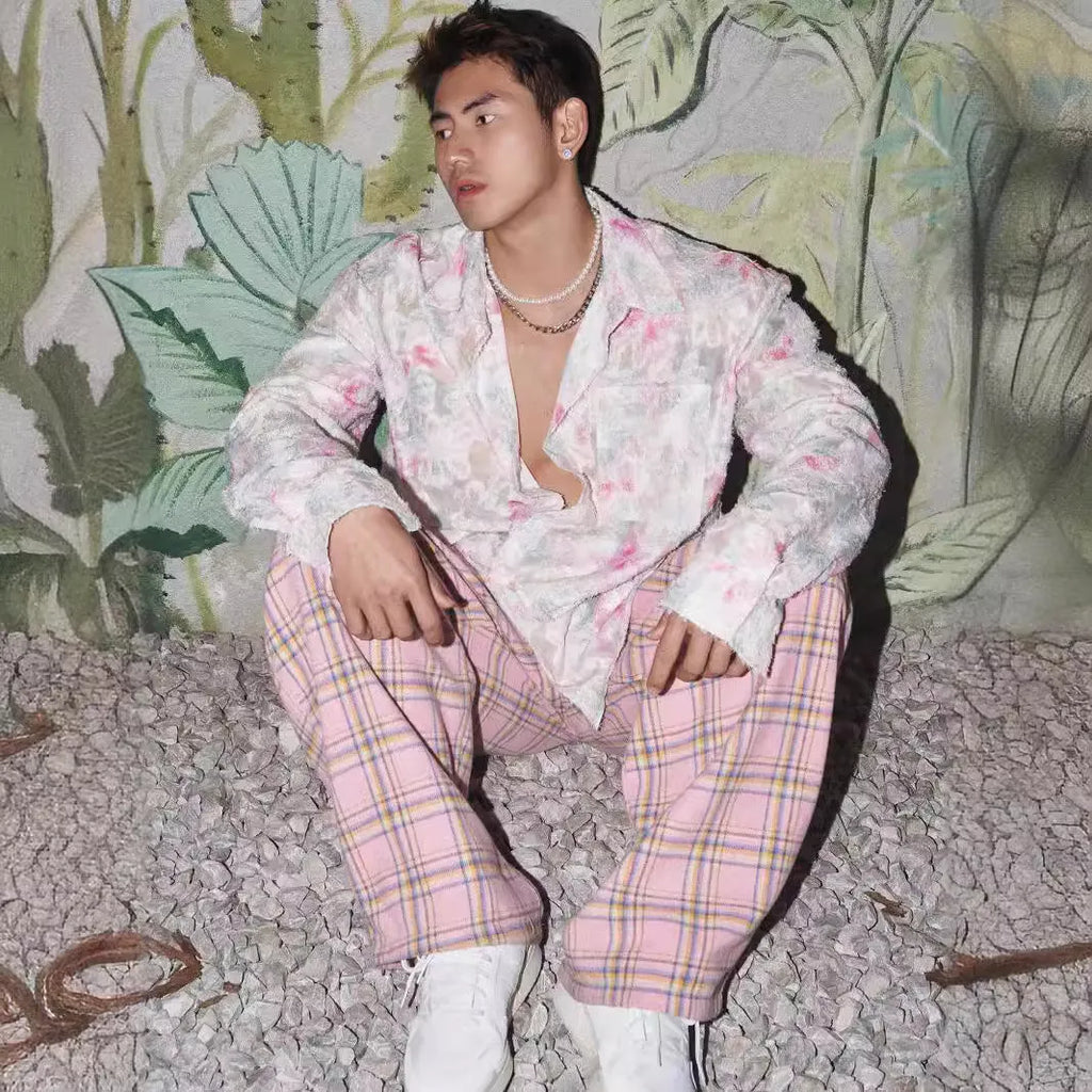 Men's loose fit long sleeve shirt with a raised 3D floral pattern in a pink colour option.
