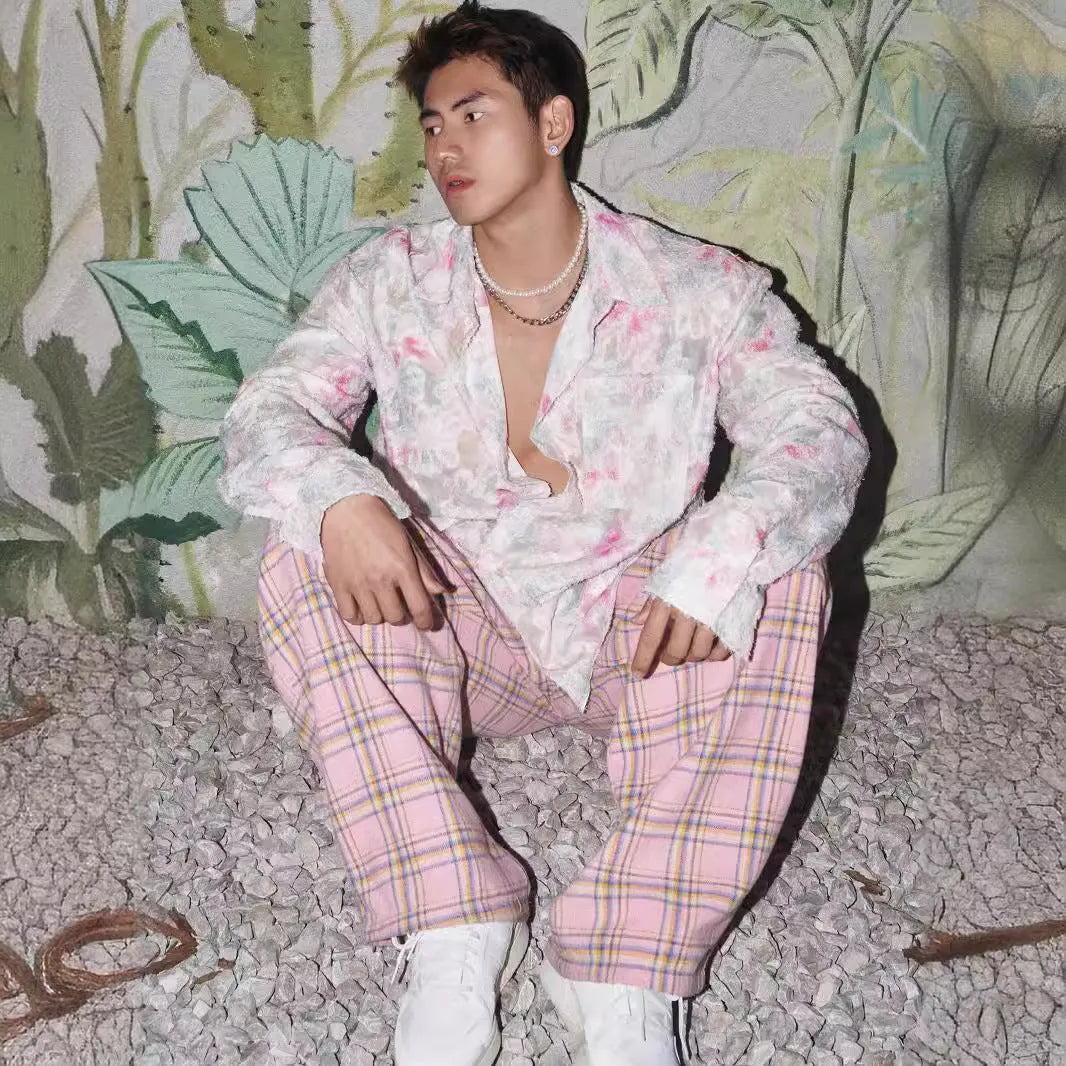 Men's loose fit long sleeve shirt with a raised 3D floral pattern in a pink colour option.