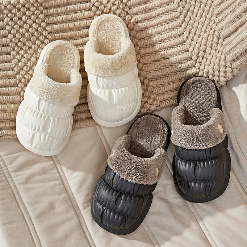 Removable fluffy slippers in beige with faux fur lining and Velcro fastening on a wooden floor