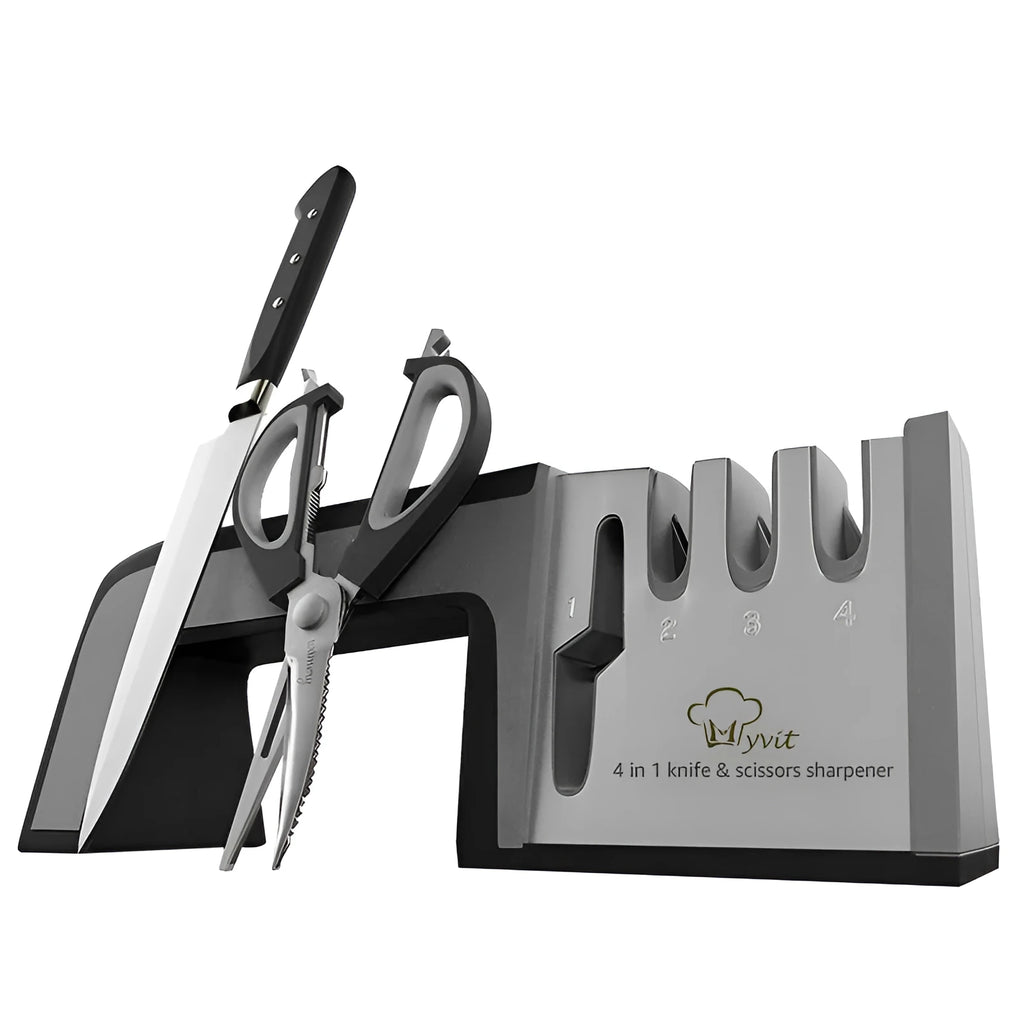 Four-in-one multifunction kitchen knife sharpener in black and cyan colour with stainless steel body.