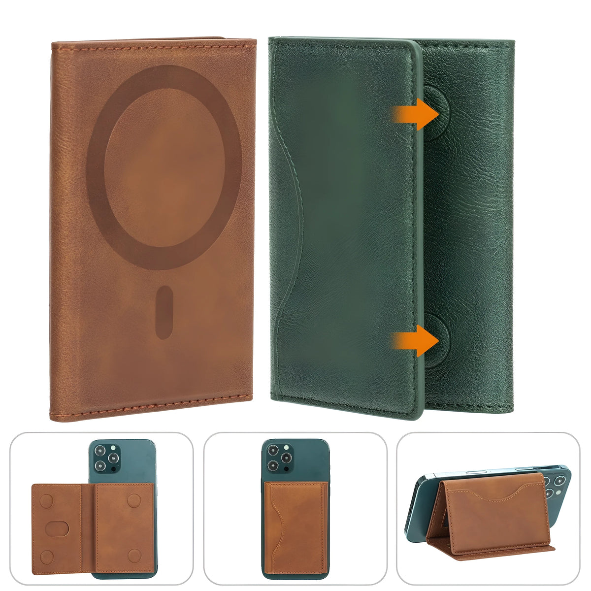 Leather tri-fold magnetic wallet card holder in purple, green, blue, black for Apple phones with bracket and anti-fall feature.