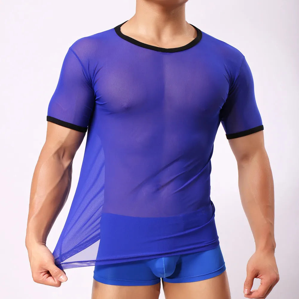 Men's slim fit mesh t-shirt in a solid colour, showcasing transparent nylon fabric and short sleeves.