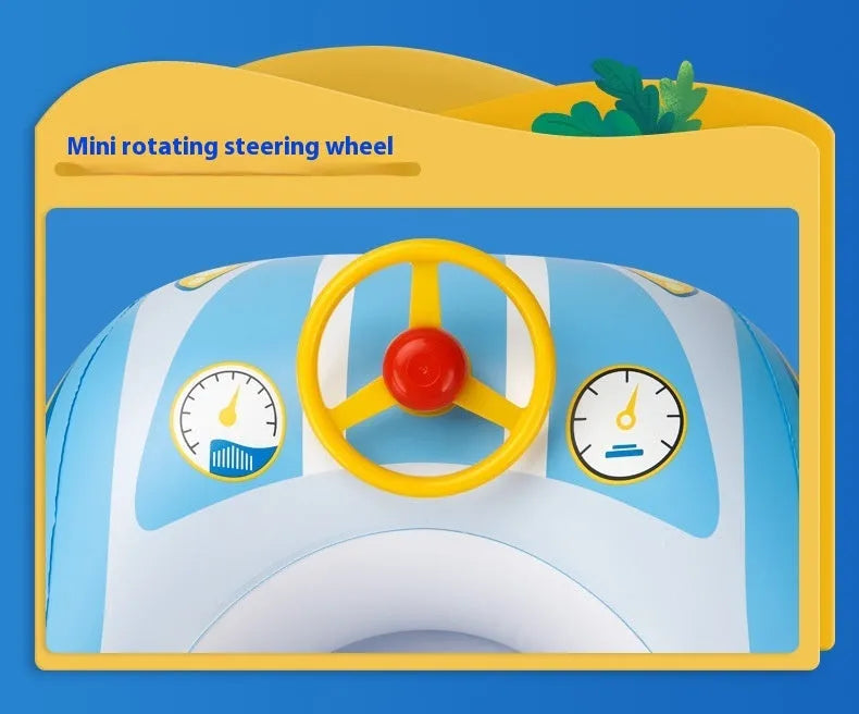 Pink inflatable swimming ring for kids with a mini steering wheel and cartoon sports car boats design.