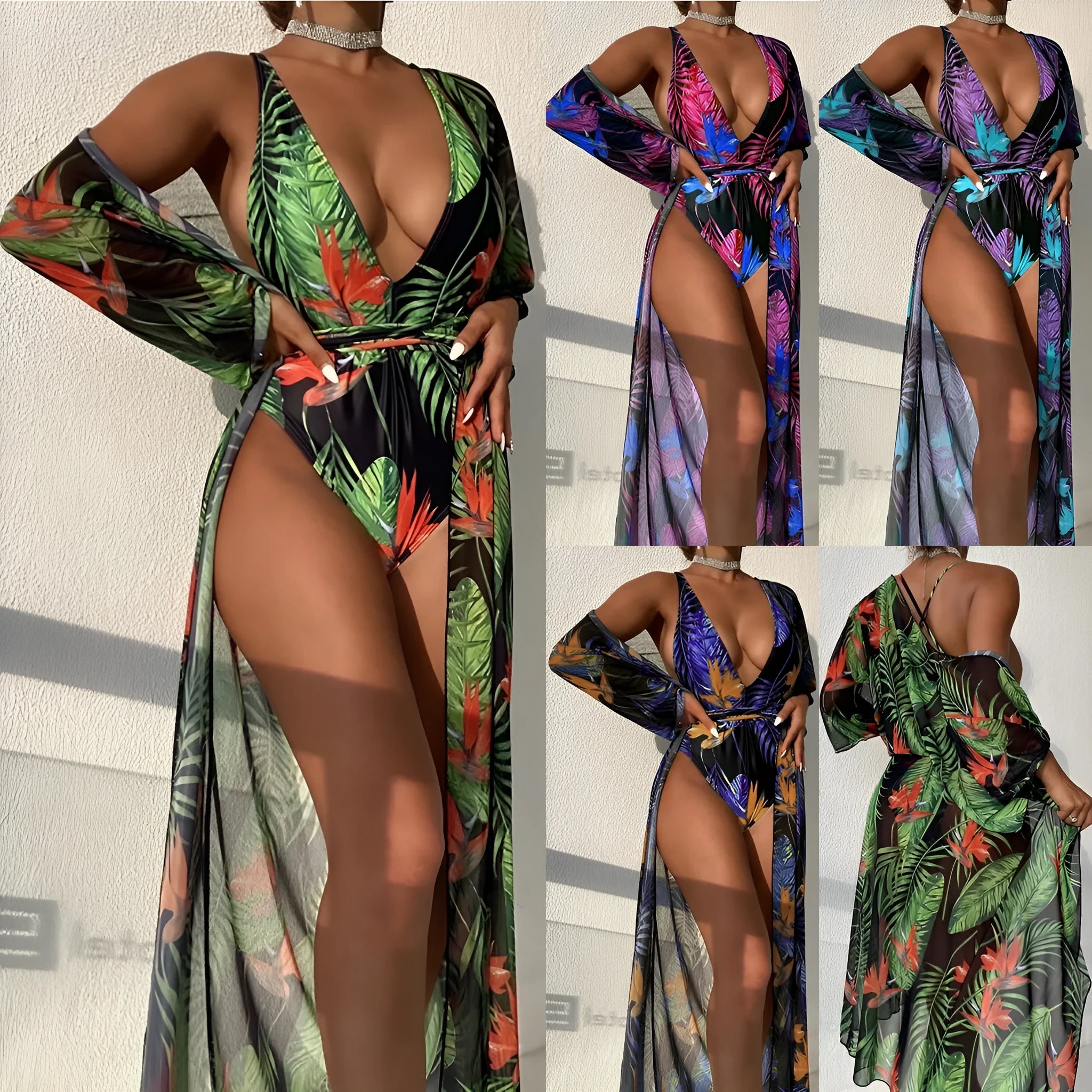 Women's three-piece bikini swimsuit set in a multicolour pattern with a matching cover-up coat.